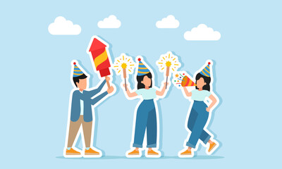 A man wearing a party hat holding a large firecracker while several women in party hats are holding fireworks and blowing trumpets illustration of celebration or festival appreciation