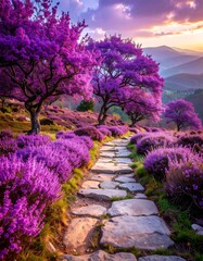 Scenic stone path winding through vibrant purple flower trees