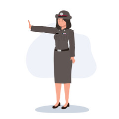 thai policewoman in professional uniform giving stop sign for traffic management and public security