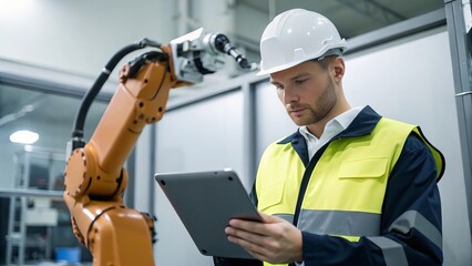 Robotic engineer inspects an automation robot arm using a tablet, symbolizing robotics service, programming, and smart factory innovation