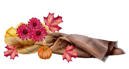 Watercolor hand-drawn autumn composition with brown scarf, pumpkin, bread, red flowers and maple leaves on white background. Cozy fall illustration perfect for cards, decor, packaging and invitations.