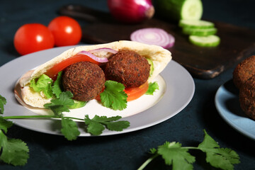 Plate of delicious pita with falafel and fresh vegetables on dark background, closeup