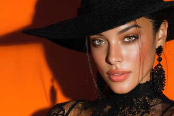 Portrait of a woman wearing a black hat and lace dress against an orange background. Concept of modern elegance and contrast in fashion photography.