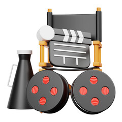 3D Rendering Movie Production Equipment Clapperboard Reel Chair and Megaphone