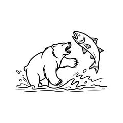 Polar bear catching a jumping salmon in water illustration