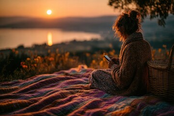 Balance between technology and connection with nature. Woman sitting outdoors during sunset with phone in hand and cozy blanket.
