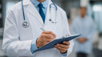 Doctor in examination room carefully updating medical chart on clipboard while patient waits nearby, symbolizing accurate diagnosis, professional healthcare, and thorough treatment documentation.