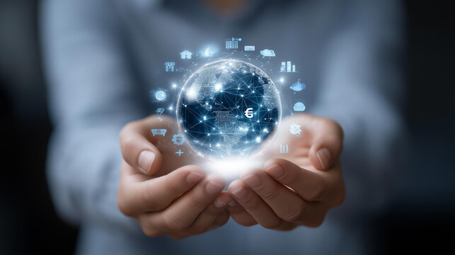 Hands holding a glowing holographic sphere made of financial icons representing savings, investments, and digital currencies, illustrating financial management, wealth accumulation, and futuristic