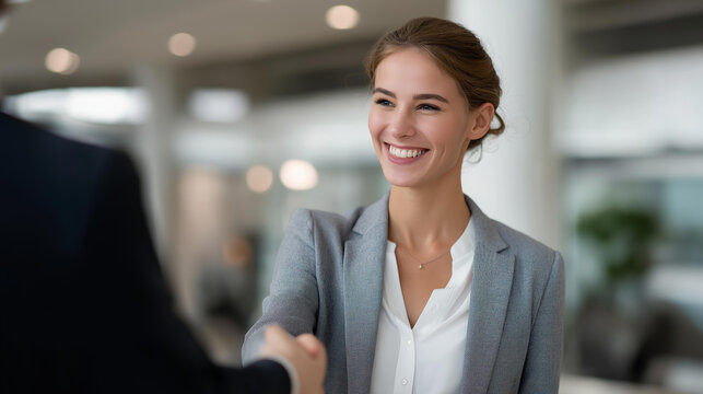 Professional insurance agent greeting clients at corporate lobby with welcoming gesture, symbolizing reliability, trust, personalized financial care, and dedication to customer relationships.