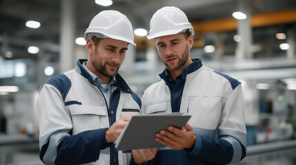 Industrial engineers analyzing data from smart sensors on automated conveyor belts, symbolizing predictive maintenance, advanced manufacturing analytics, and high-tech industrial operations.