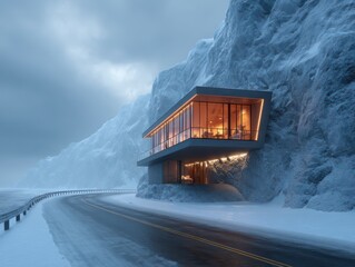 Modern Mountain Retreat: An architecturally striking home clings to a rugged mountain face, its warm interior lights contrasting beautifully with the cold, snowy landscape, the road leading towards. 