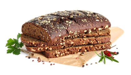 Sliced loaf of seeded brown bread on parchment, with garnish