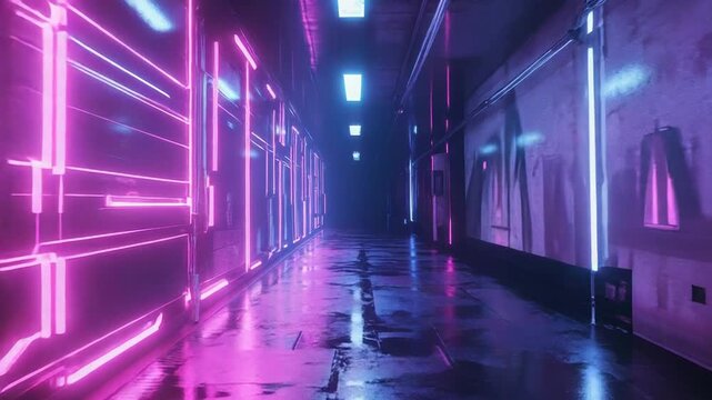 Cyberpunk hallway featuring vibrant neon lights reflecting on wet floor
