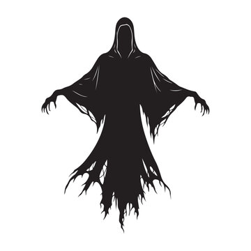 Grim Reaper Ghost Black Silhouette in Hooded Cloak Vector Icon