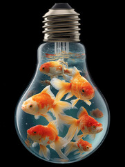 Colorful goldfish swim freely inside a light bulb in a creative and whimsical underwater scene