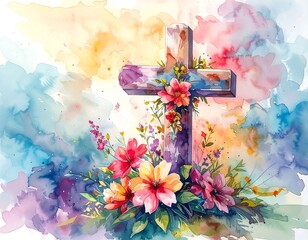 Watercolor cross adorned with flowers