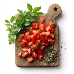 Diced tomatoes basil herbs on wooden cutting board fresh ingredients for salad or italian recipe idea