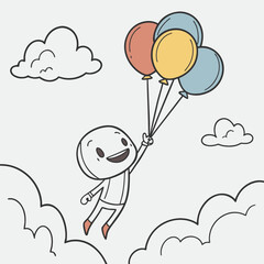 Vector art of man flying with balloons in sky