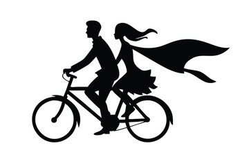 Obraz premium Solid Black Silhouette of a Couple Riding a Bicycle Together