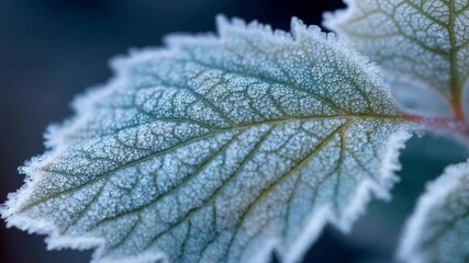 A close-up of a leaf covered in frost, with intricate ice crystals along the serrated edge. - Powered by Adobe