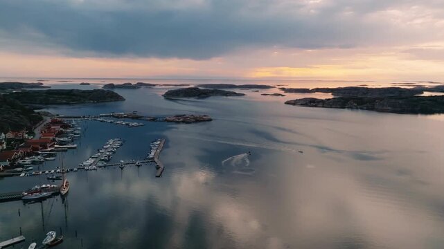Drone Aerial of Fj&auml;llbacka Harbor Town, Bohusl&auml;n West Coast Sweden