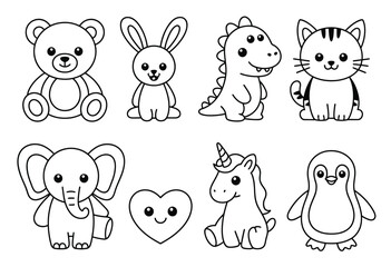 Obraz premium Cute black and white vector line art illustrations of adorable animals and fantasy creatures scalable vector