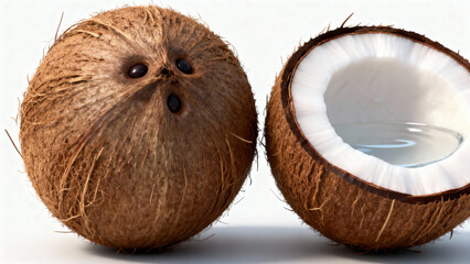 Hyper-Realistic Coconut Whole and Sliced Cross Section on White Background 