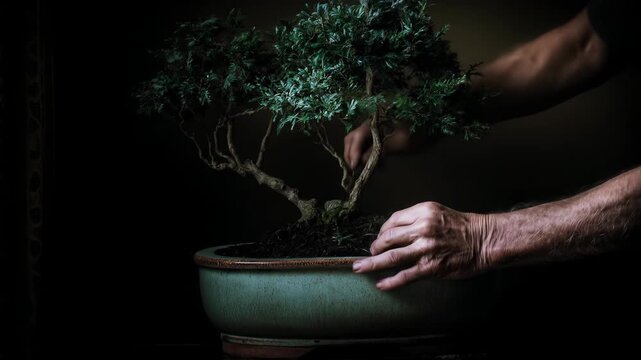 Hands carefully prune a small tree in a pot, emphasizing care and gardening.