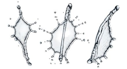 Three stunning water splashes creating dynamic shapes liquid forms isolated on transparent background