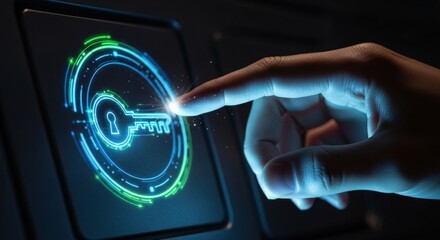 Finger pressing a digital key icon, representing cybersecurity and data protection