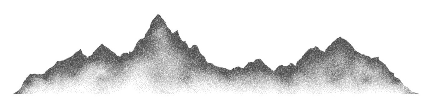 Grain noise stippled mountain range ridges terrain texture landscape vector illustration. Grunge pointillism mountain range stipple landscape halftone effect shape sand texture.