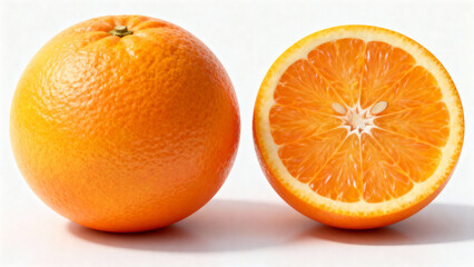 Hyper-Realistic Orange Whole and Sliced Cross Section on White Background 