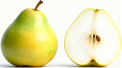Hyper-Realistic Pear Whole and Sliced Cross Section on White Background 