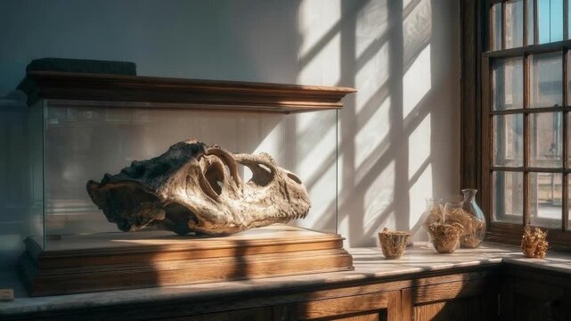 A large animal skull on display inside a glass case, set on a wooden shelf beside a sunlit window.