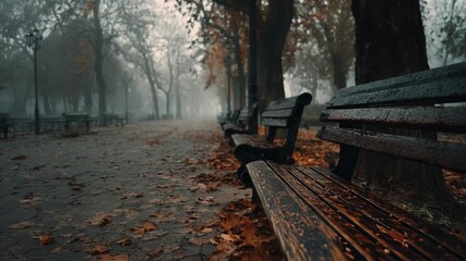 Foggy autumn park with empty wooden benches along a leaf-covered path. - Powered by Adobe