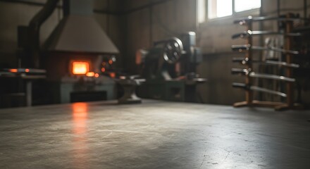 A dimly lit blacksmiths workshop with a glowing forge and swords on a rack for commercial usage and mockups