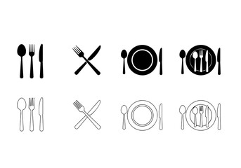 Illustration of table setting plate, fork, knife, and spoon for dining restaurant, cafe, and food service concept vector illustration, line art style