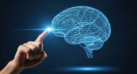 Hand touching digital brain hologram, artificial intelligence and machine learning concept