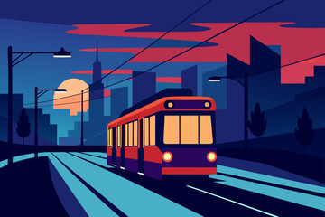Obraz premium Illustration of a tram in a city at dusk or dawn
