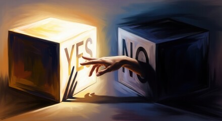 A hand emerges from a dark cube marked NO reaching towards a bright glowing cube marked YES casting shadows on a surface