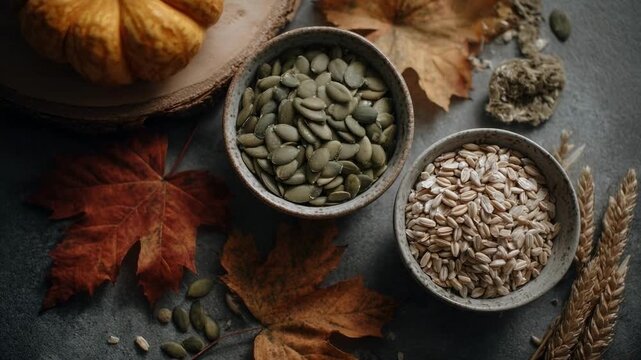 Two bowls of seeds&mdash;green pumpkin seeds and pale sunflower seeds&mdash;set on a dark surface among autumn leaves and wheat stalks.