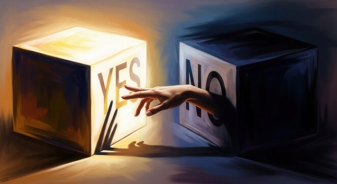 A hand emerges from a dark cube marked NO reaching towards a bright glowing cube marked YES casting shadows on a surface