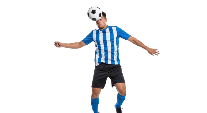 Soccer player heading the ball isolated on transparent background, demonstrating skill, agility, and focus in a dynamic sports moment - Powered by Adobe