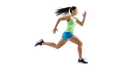 Dynamic female runner sprinting isolated on transparent background, showcasing speed, athleticism, and determination in a fitnessfocused moment