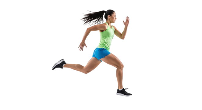 Dynamic female runner sprinting isolated on transparent background, showcasing speed, athleticism, and determination in a fitnessfocused moment