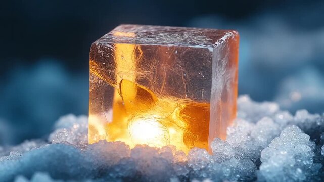 Surreal Fiery Ice Cube Glowing on a Bed of Snow.