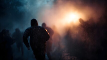 A blurred group of figures runs through a smoky dimly lit environment under dramatic lighting conveying a sense of urgency and chaos