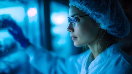 Focused female scientist in a laboratory wearing protective gear examining equipment under cool blue lighting