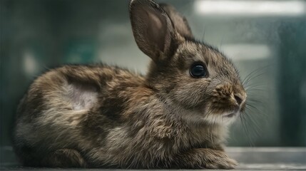 A young rabbit with a noticeable shaved patch on its side rests viewed in soft indoor lighting with a clinical atmosphere