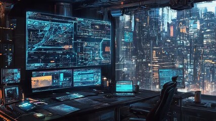 Futuristic hacker workstation viewing data in a cyberpunk city - Powered by Adobe